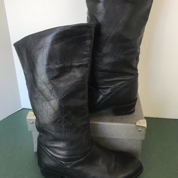 Royal Black Mid-Calf Leather Boots - Picture 3 of 6